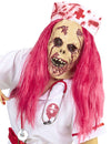 Masque intégral infirmière zombie pour adulte avec cheveux roses et coiffe ensanglantée