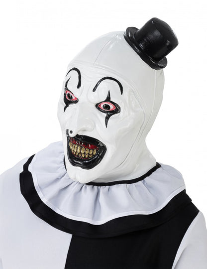 Masque intégral luxe Terrifier™ pour adulte blanc et noir avec mini chapeau haut de forme