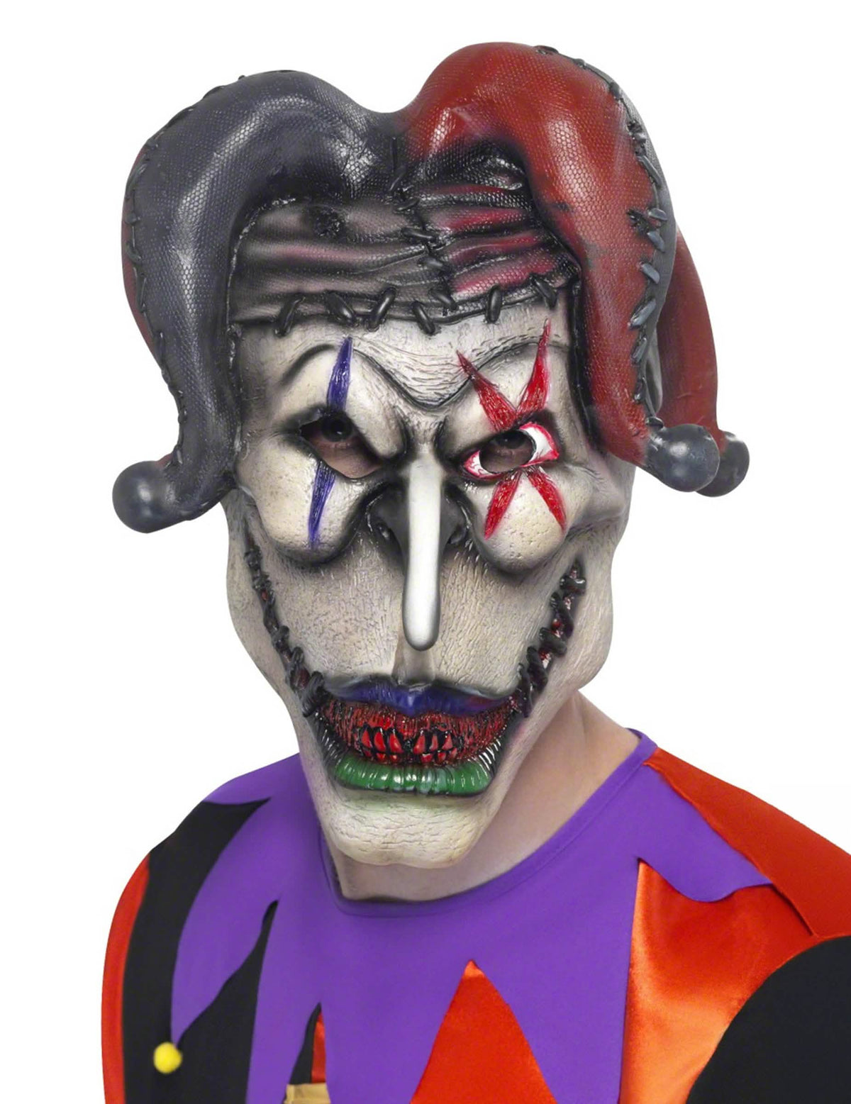 Maska Joker halloween pro dospělého červená a černá s čepicí šaška