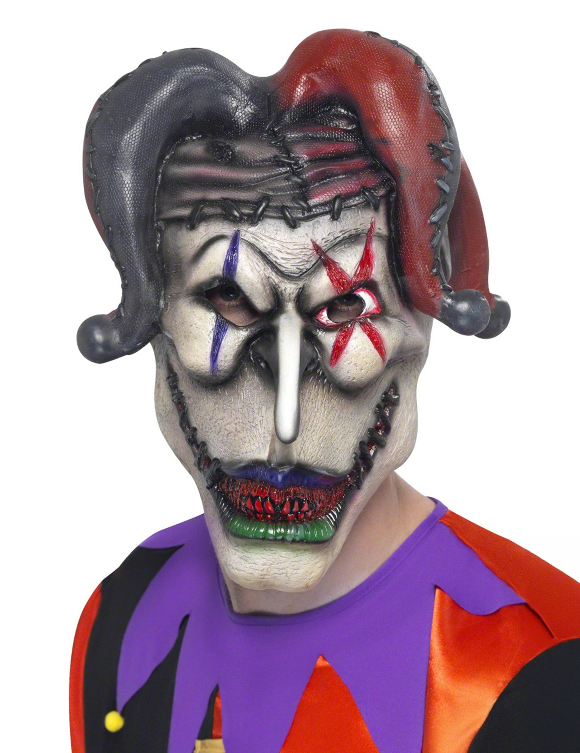 Masque joker Halloween pour adulte rouge et noir avec bonnet de bouffon