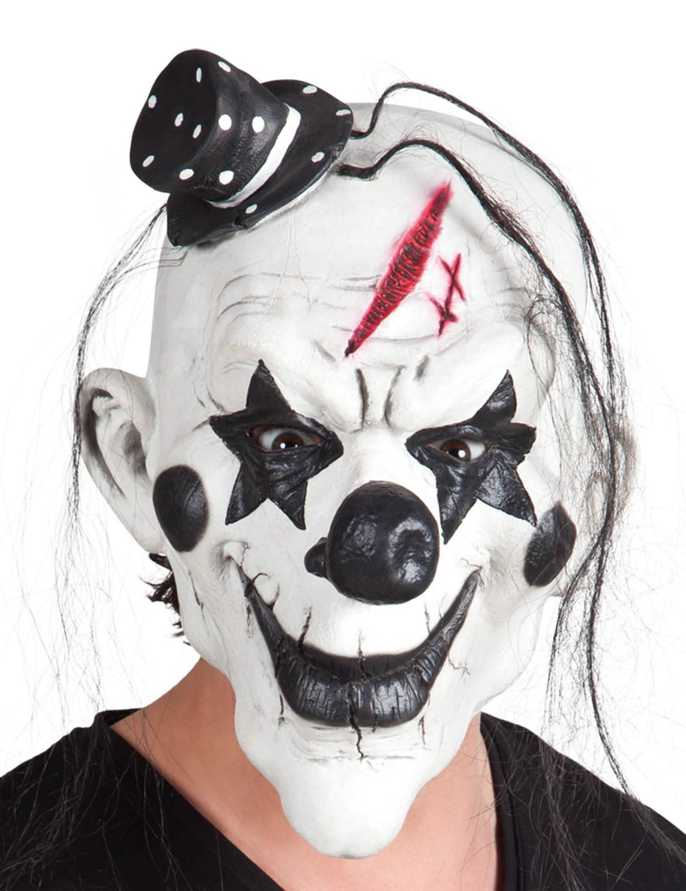 Latexová maska psycho klauna pro dospělého černá a bílá s vlasy a mini kloboukem