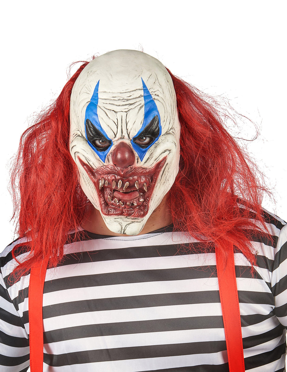 Masque latex clown pour adulte rouge et blanc avec cheveux rouges