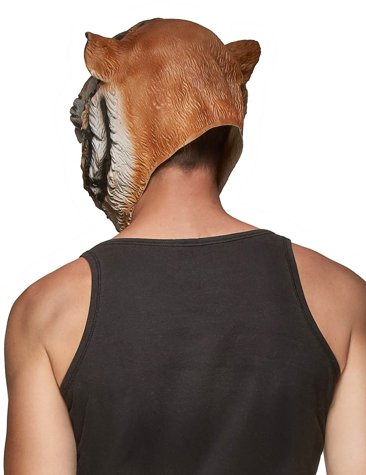 Pohled zezadu na latexovou tygří masku pro dospělého