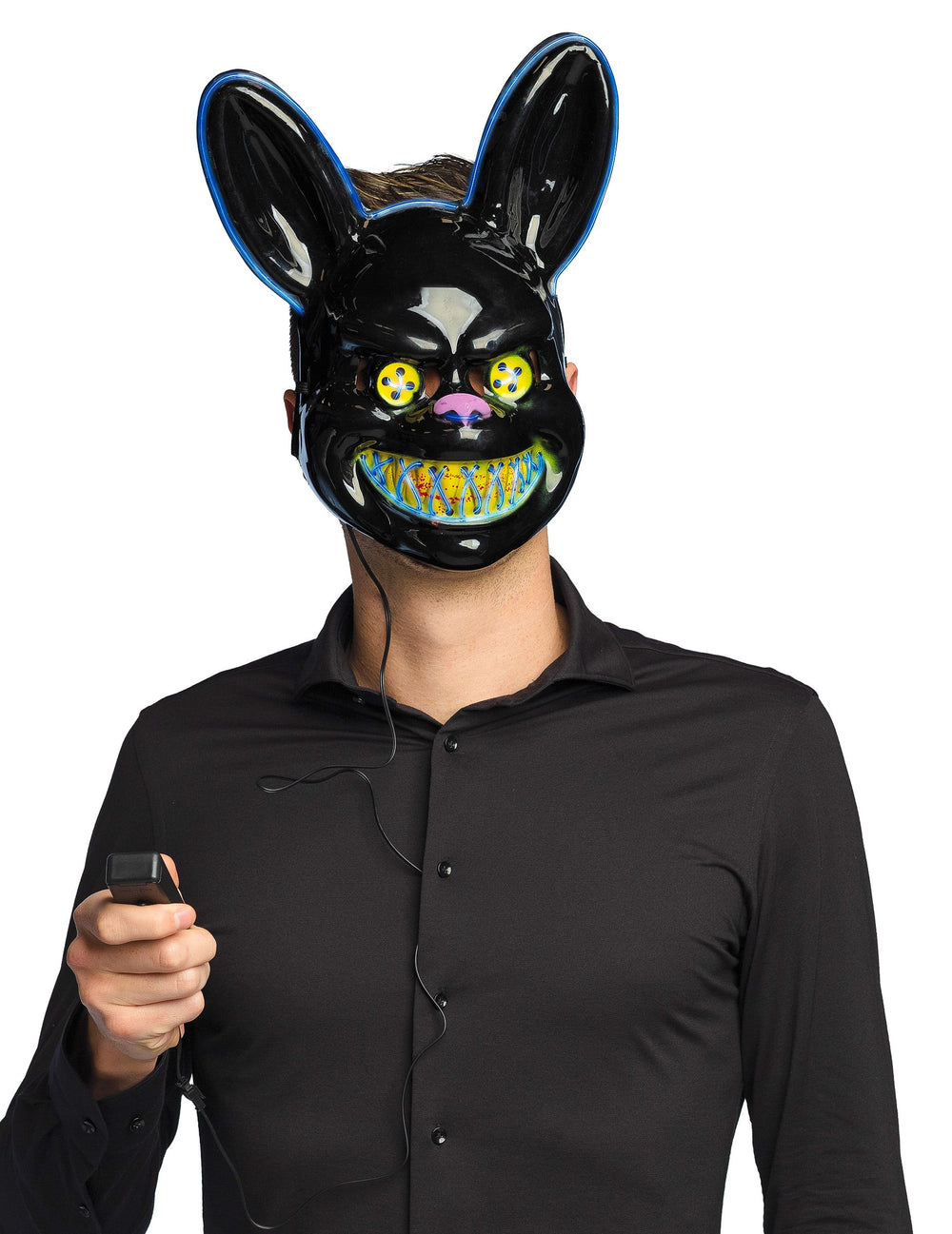 Détail du boîtier de commande du masque LED lapin tueur pour adulte