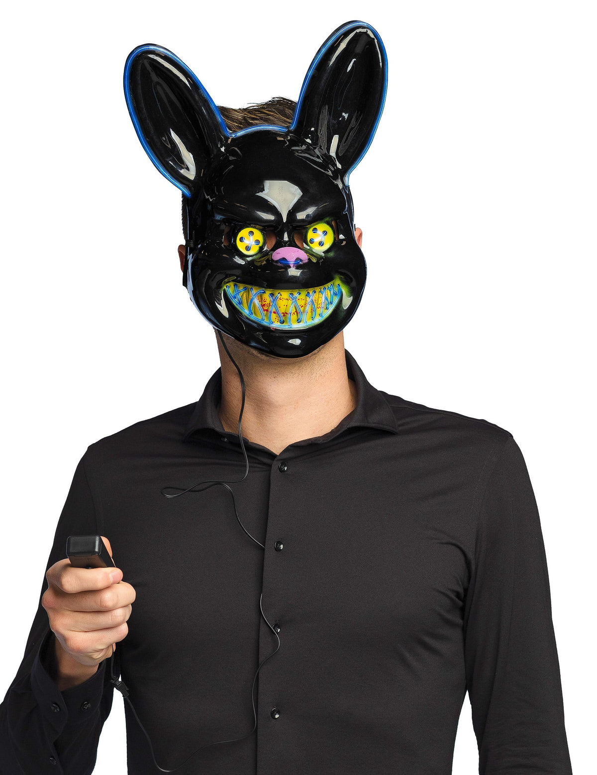 Détail du boîtier de commande du masque LED lapin tueur pour adulte