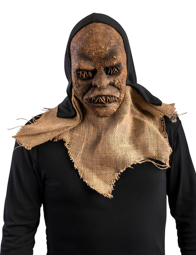 Masque monstre en latex et capuche pour adulte marron aspect toile de jute et coutures