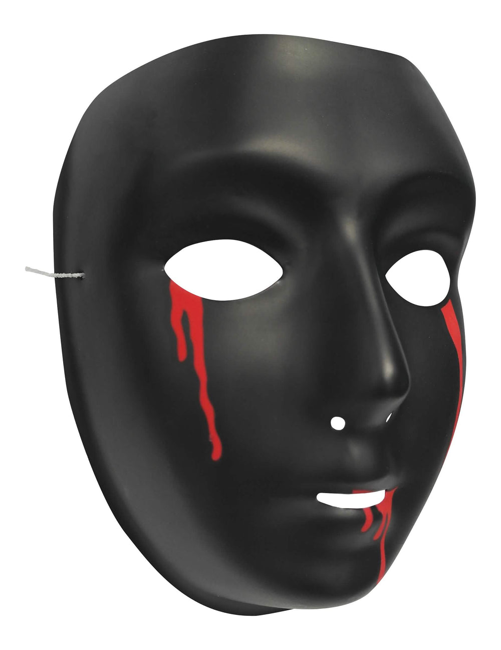 Boční pohled na černou halloweenskou masku pro ženu se slzami krve