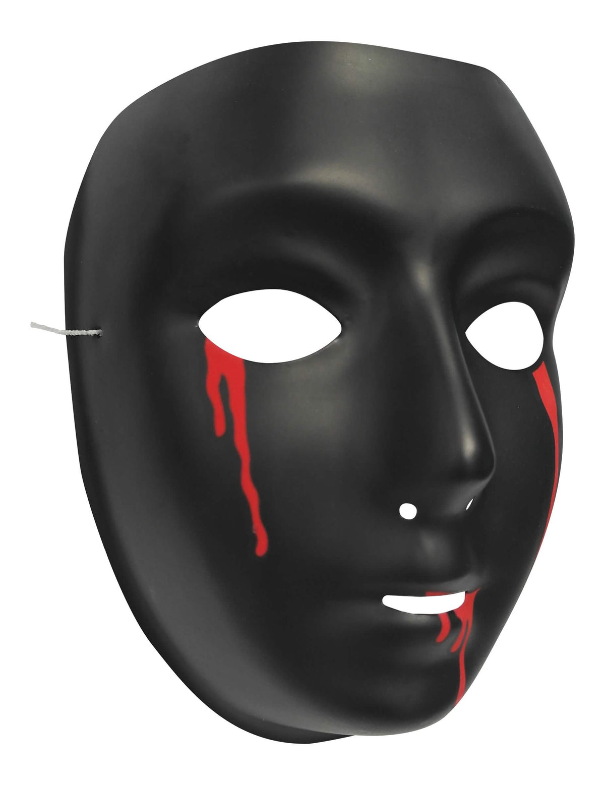 Boční pohled na černou halloweenskou masku pro ženu se slzami krve