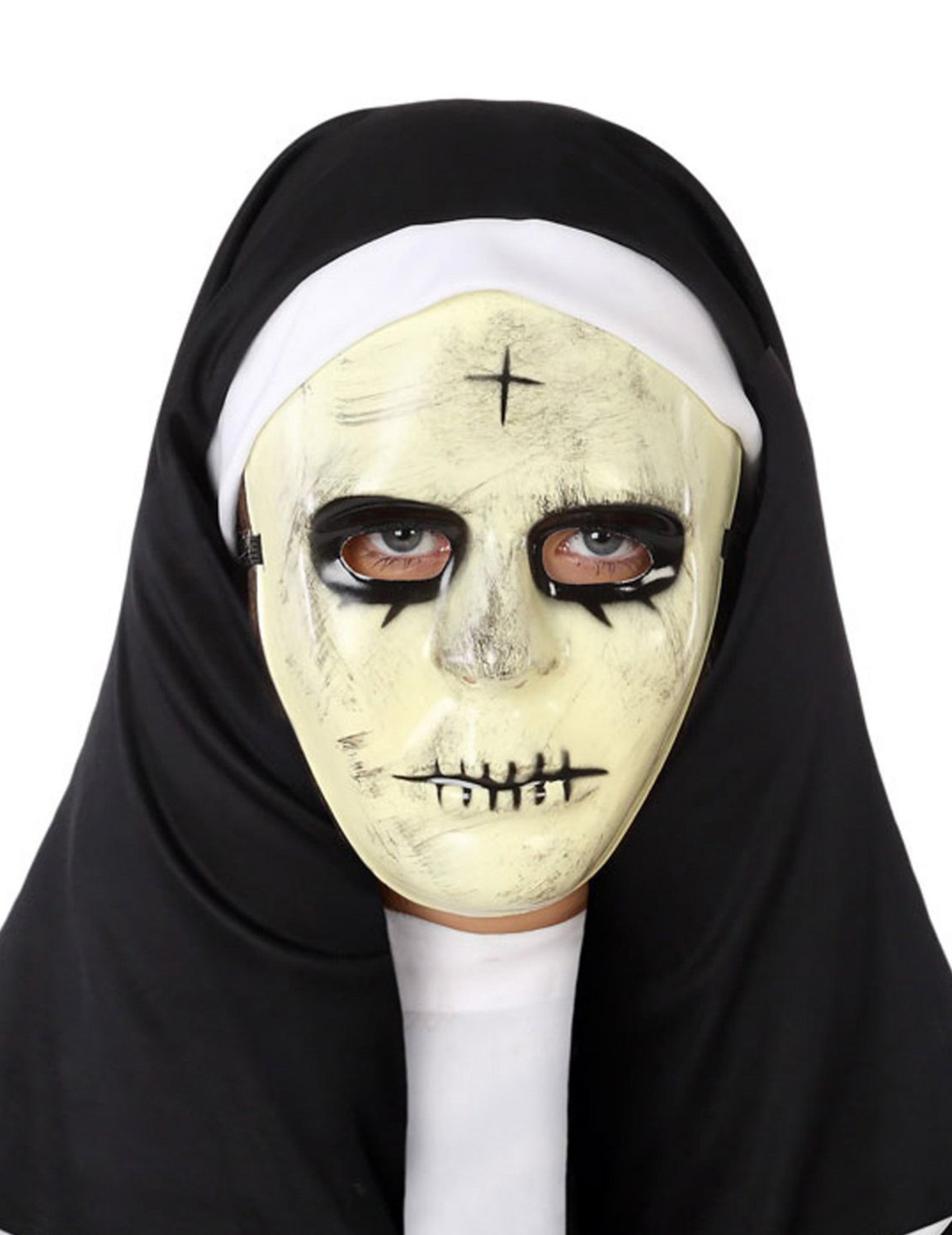 Masque de nonne pour adulte blanc cassé et noir avec coiffe