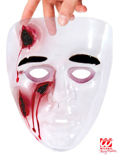 Gros plan sur la transparence et les détails ensanglantés du masque plaies saignantes pour adulte