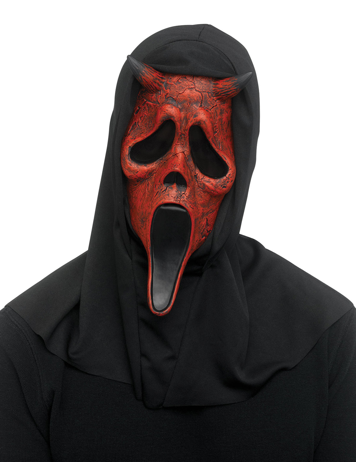 Masque Scream diable pour adulte rouge avec cornes et cagoule noire