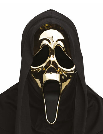 Masque Scream™ pour adulte or chromé avec cagoule noire