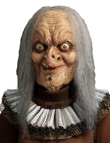 Masque de sorcière pour adulte avec longs cheveux gris et visage ridé