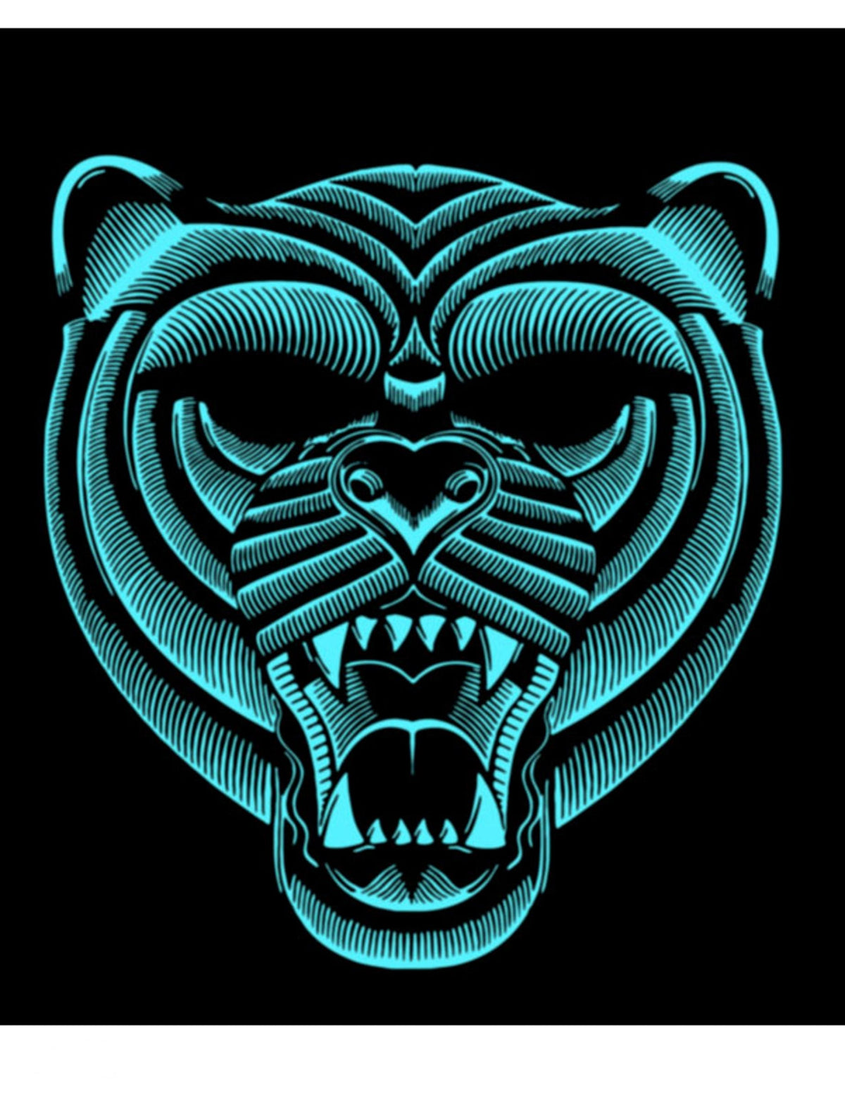 Détail de l'effet lumineux bleu du masque tigre à LED réactives adulte