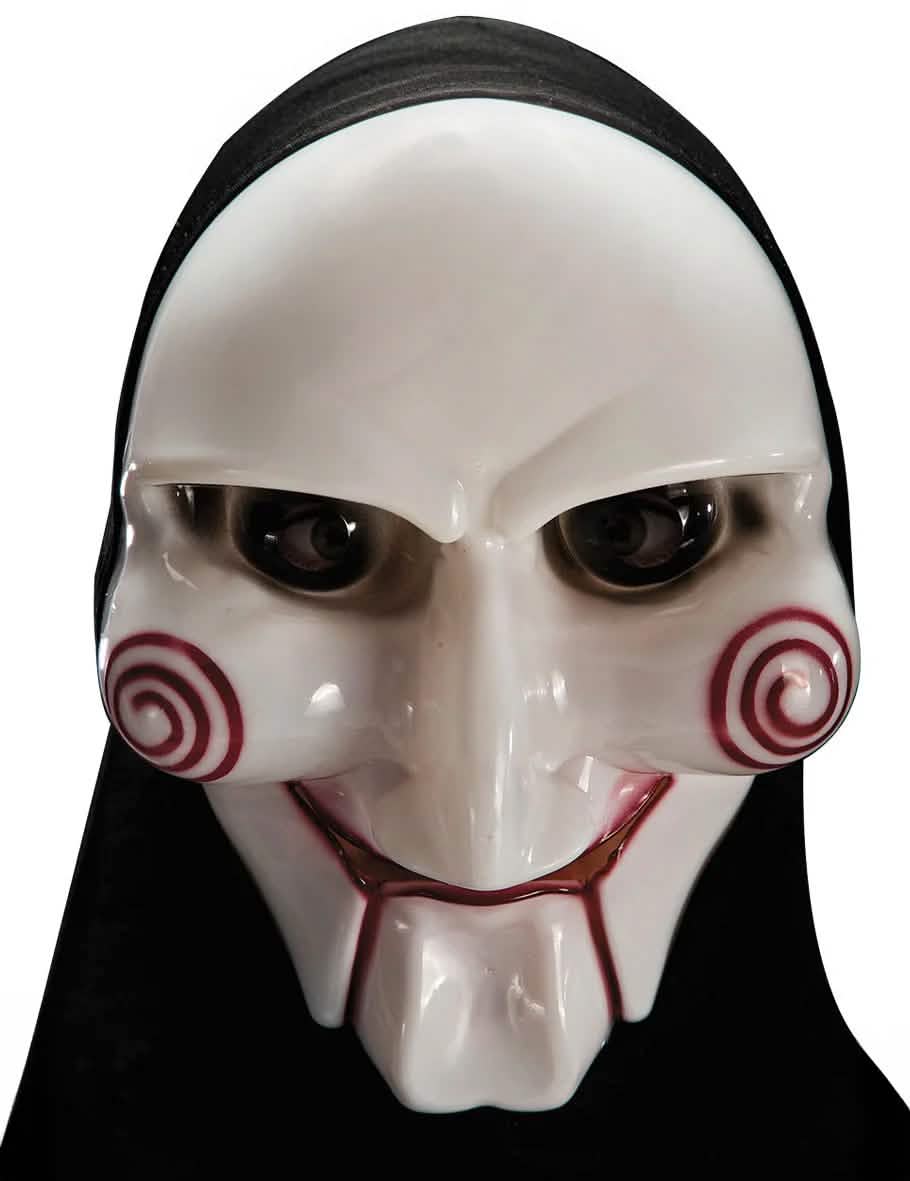 Maska vraha psychopata s kapucí pro dospělý bílá s červenými spirálami