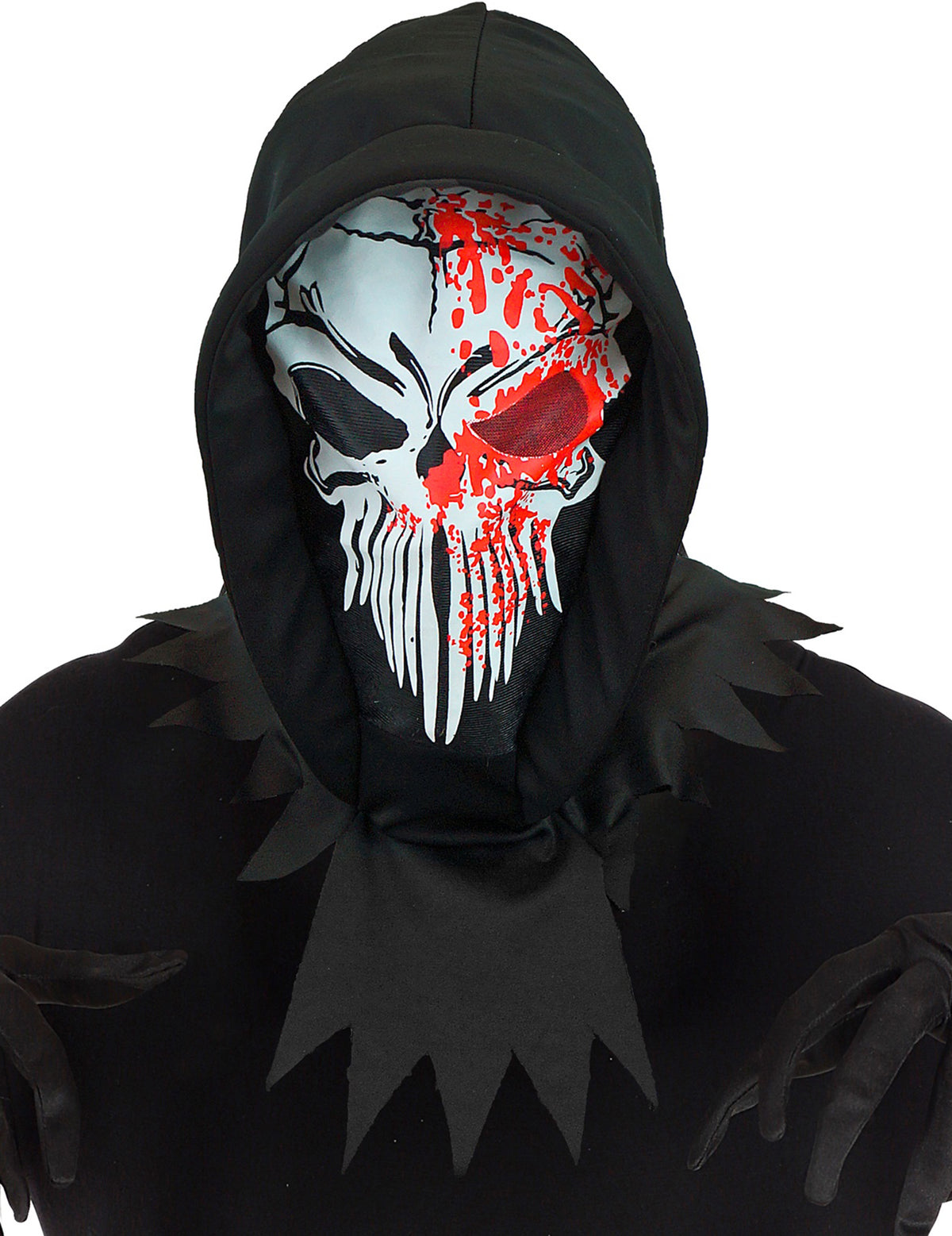 Masque vengeur sanglant pour adulte noir et blanc avec cagoule et taches de sang