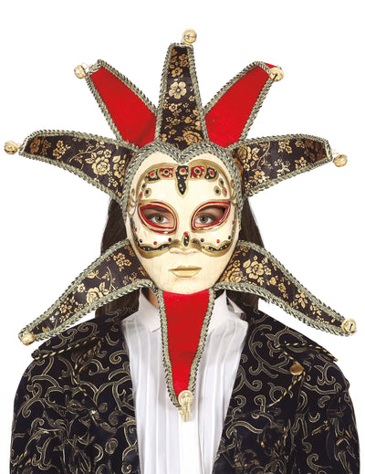Masque vénitien pour femme rouge et noir avec dorures et grelots