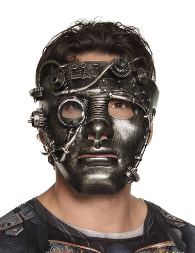 Chromová steampunková obličejová maska pro dospělé s mechanickými detaily