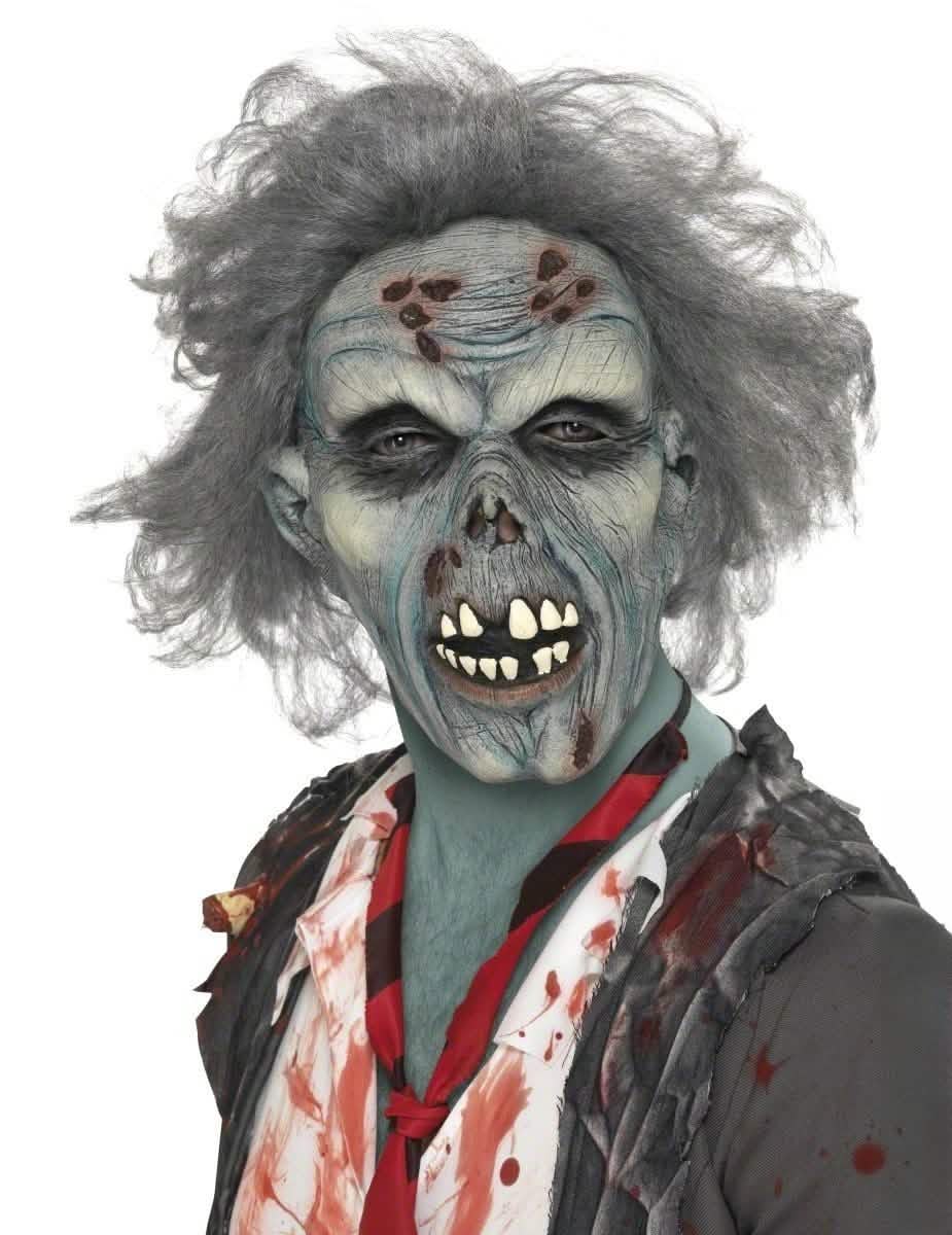 Zombie mask pro dospělého šedá s rozcuchanými vlasy a odhalenými zuby