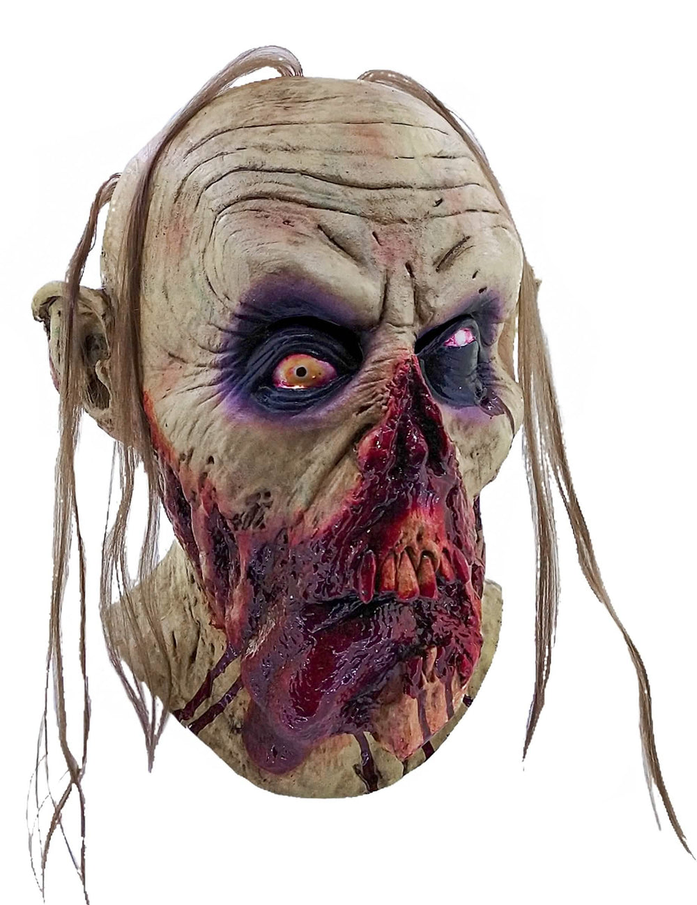Krvavá zombie maska pro dospělého béžová a červená s dlouhé vlasy