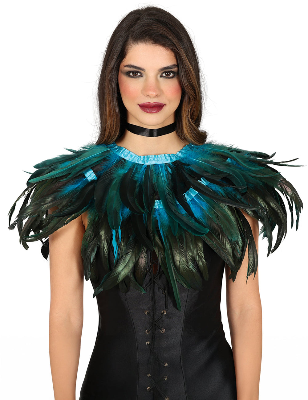 Détail de la mini cape en plumes pour adulte noire et bleue