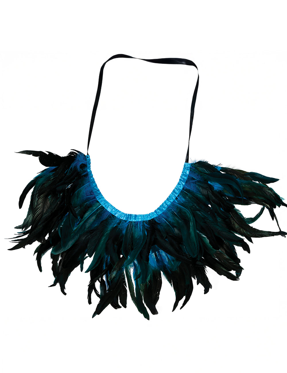 Vue de dos de la mini cape en plumes pour adulte noire et bleue