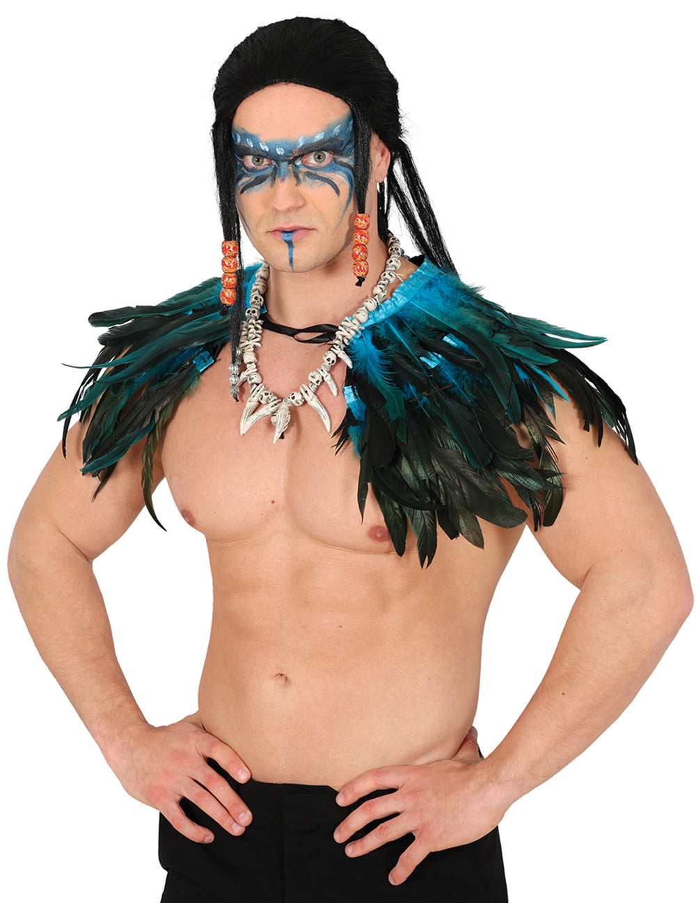 Vue de face de la mini cape en plumes pour adulte noire et bleue