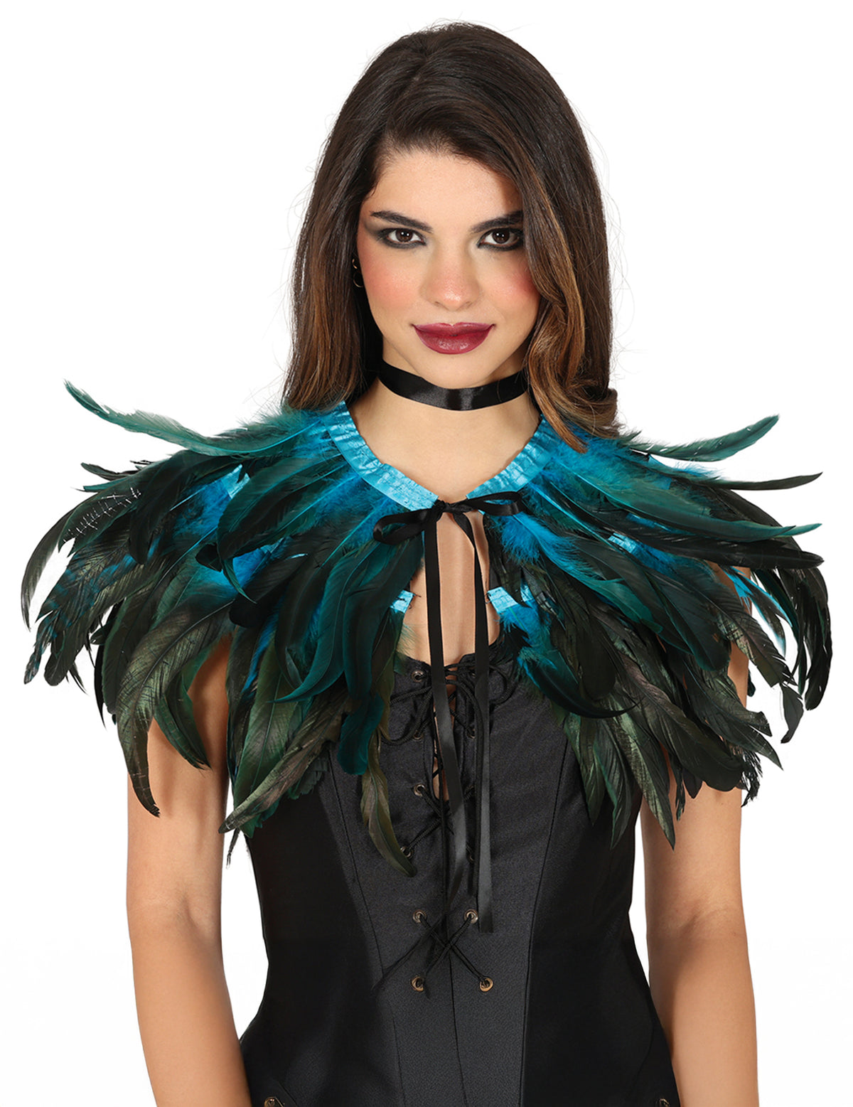 Mini cape en plumes pour adulte noire et bleue