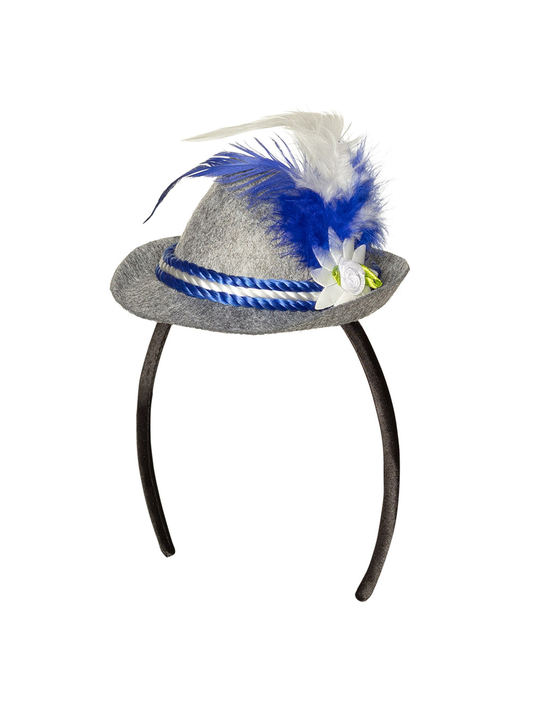Vue de face du mini chapeau bavarois à plume