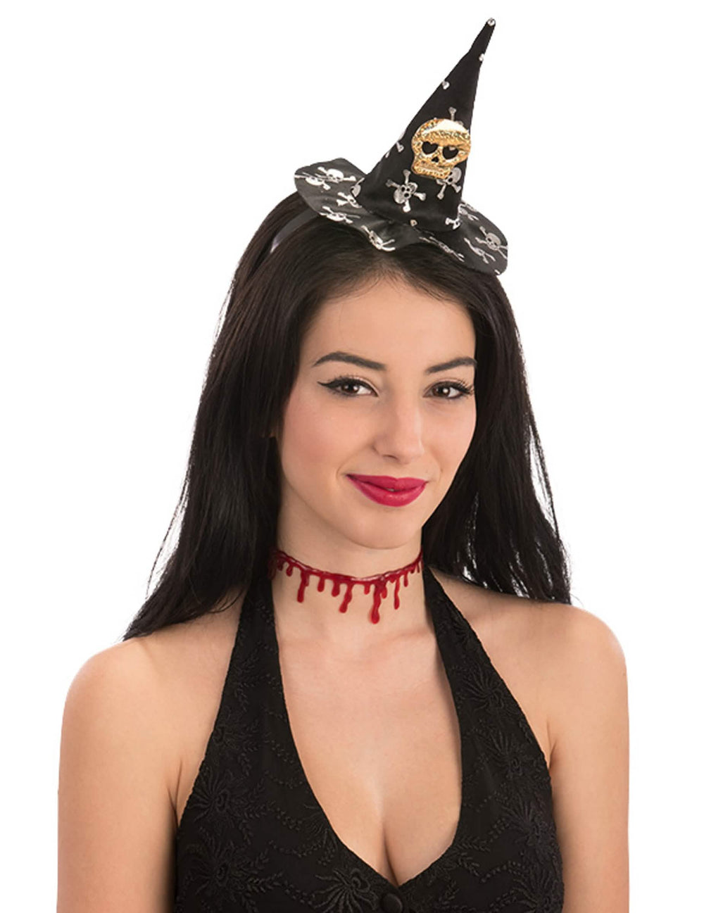 Mini čarodějnický klobouk lebka halloween pro žena černá s bílými a zlatými lebkami