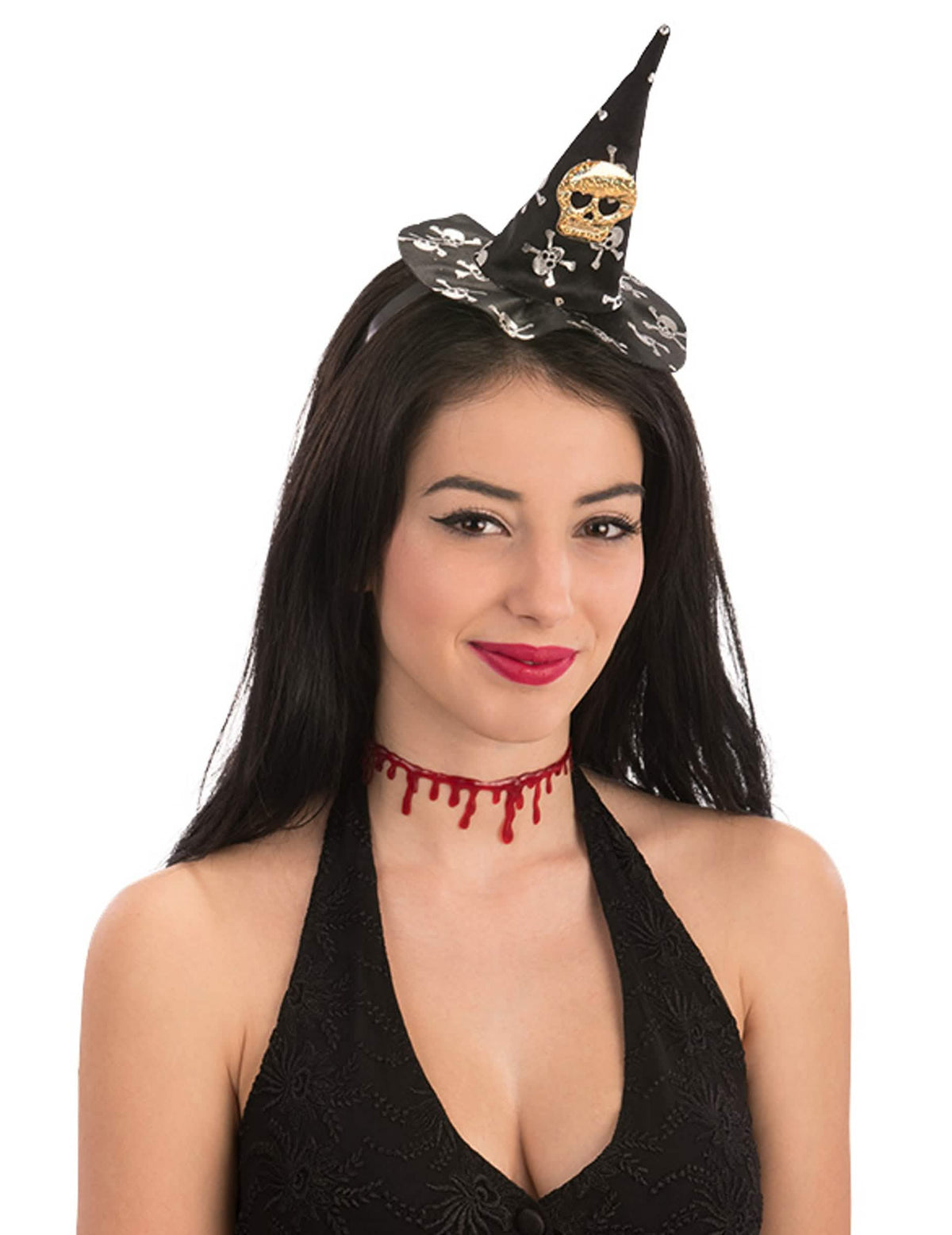 Mini čarodějnický klobouk lebka halloween pro žena černá s bílými a zlatými lebkami