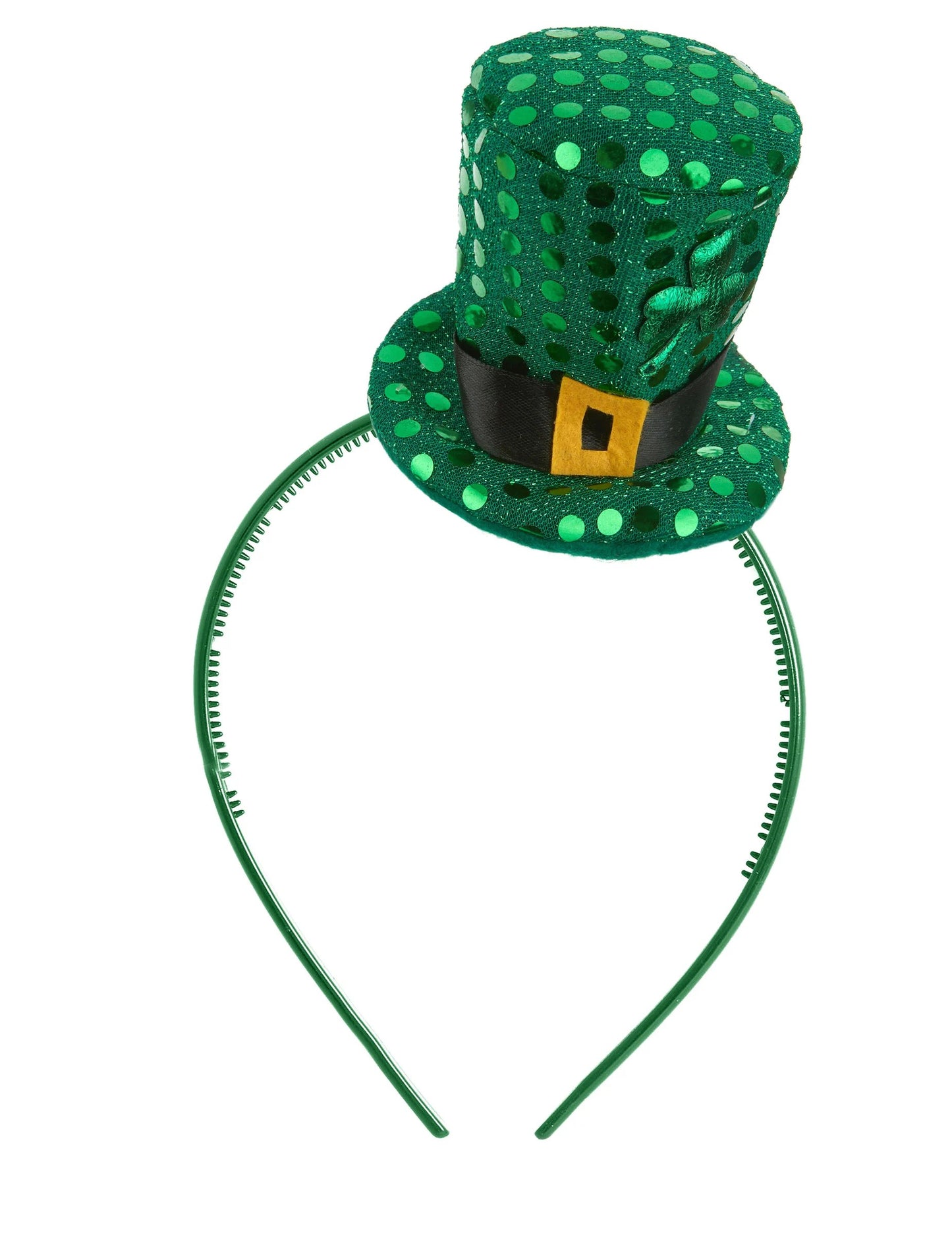 Vue du serre-tête du mini chapeau haut de forme à sequins St Patrick