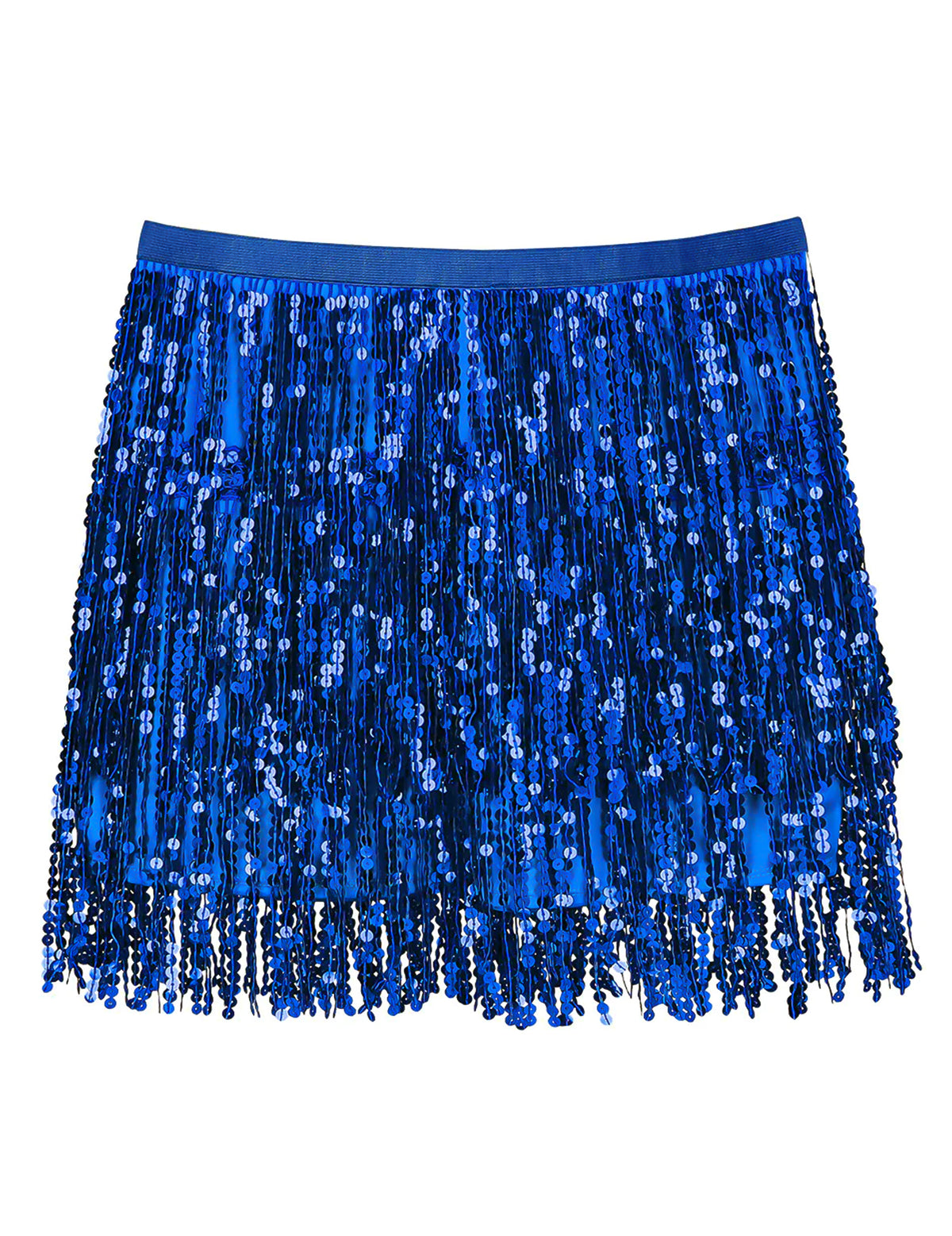 Vue de face de la minijupe à paillettes pour femme bleue à franges