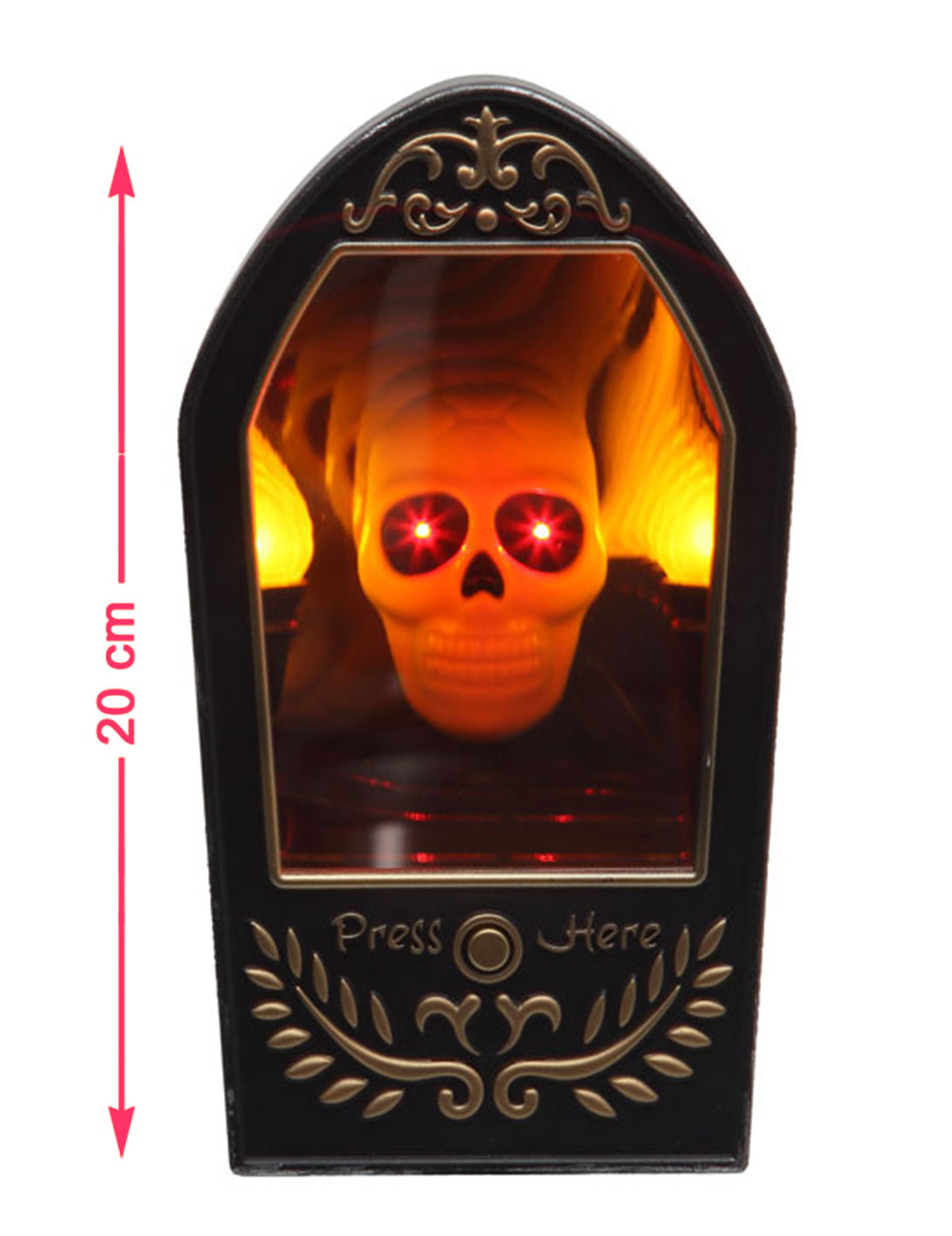 Miroir squelette lumineux et sonore pour Halloween noir et doré aux yeux rouges