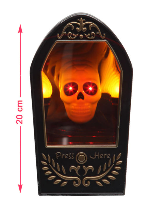Miroir squelette lumineux et sonore pour Halloween noir et doré aux yeux rouges
