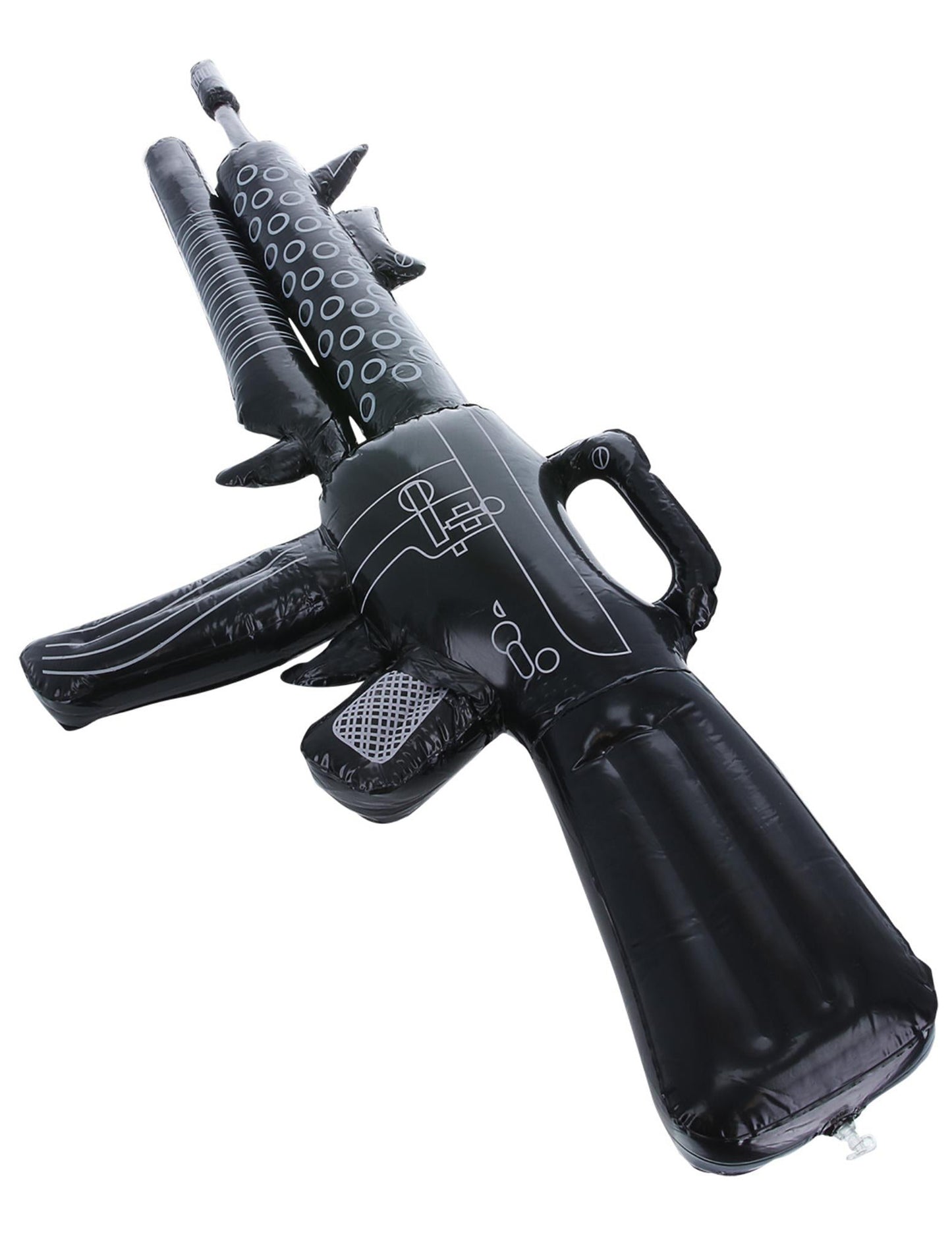 Vue de trois quarts de la mitraillette géante gonflable de soldat