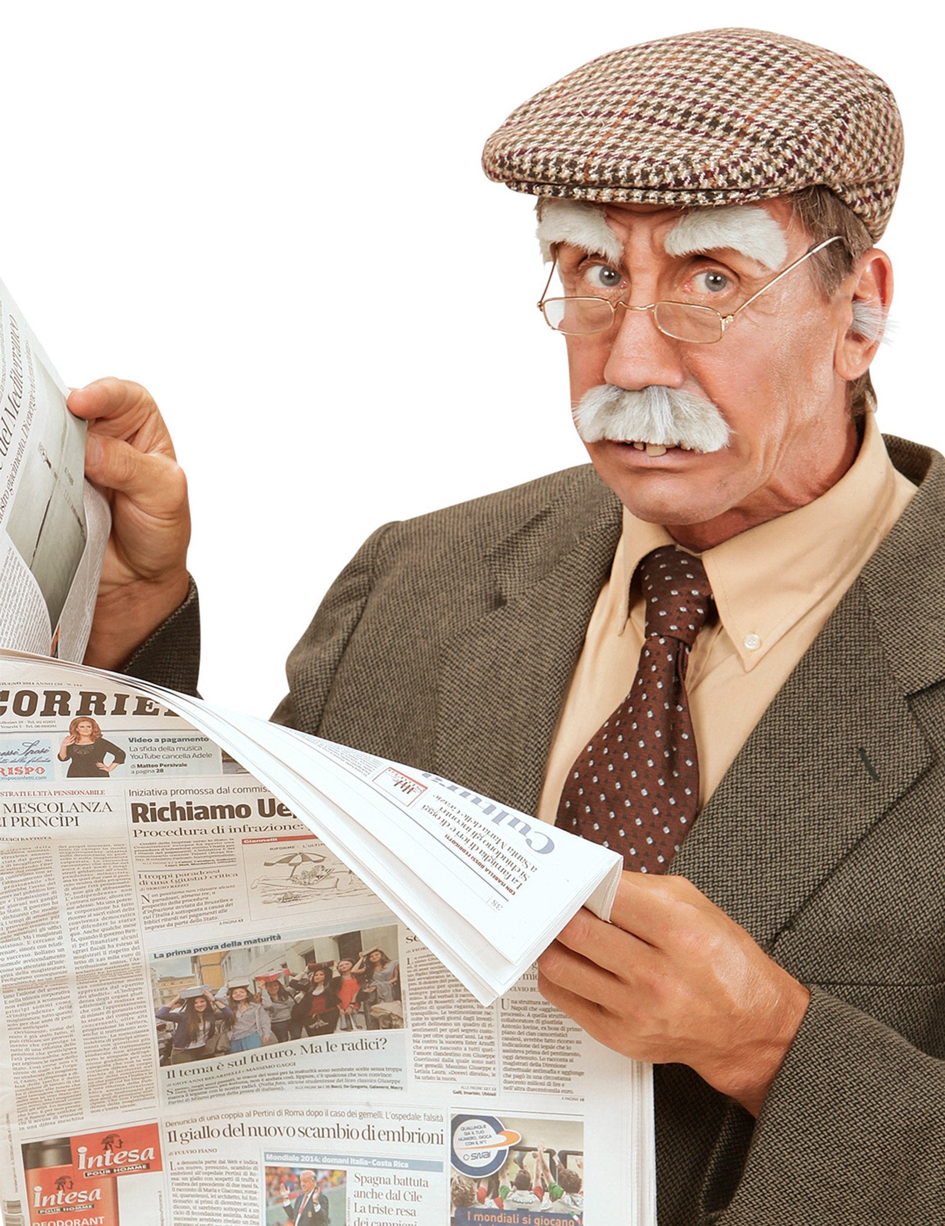 Mise en situation avec journal de la moustache et sourcils vieillard