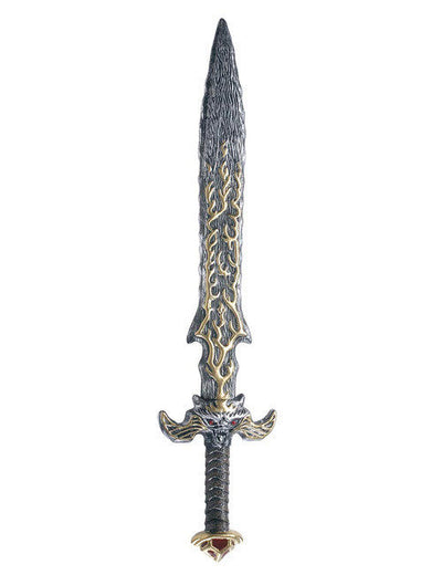 Épée mystique grise et dorée avec garde sculptée en tête de dragon