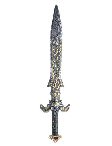 Épée mystique grise et dorée avec garde sculptée en tête de dragon