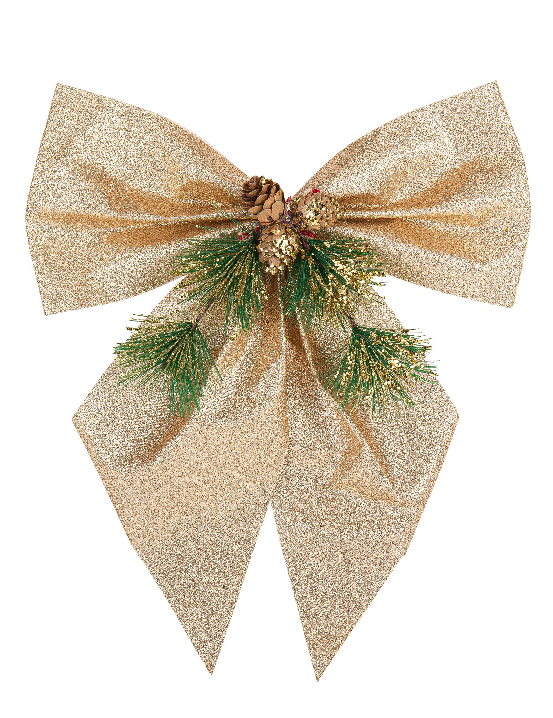 Nœud sapin et pommes de pin pour décoration de Noël champagne à paillettes