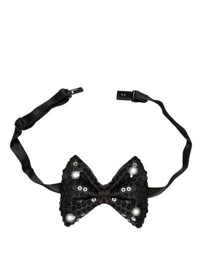 Détail du système d'attache du noeud papillon à sequins et LED clignotantes pour adulte noir