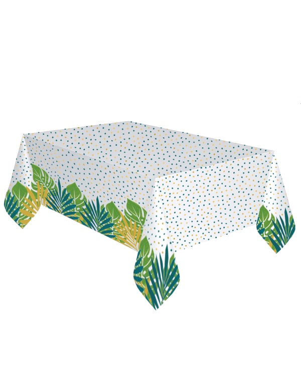 Nappe en papier tropical chic blanche à pois et motifs feuilles exotiques vertes et dorées