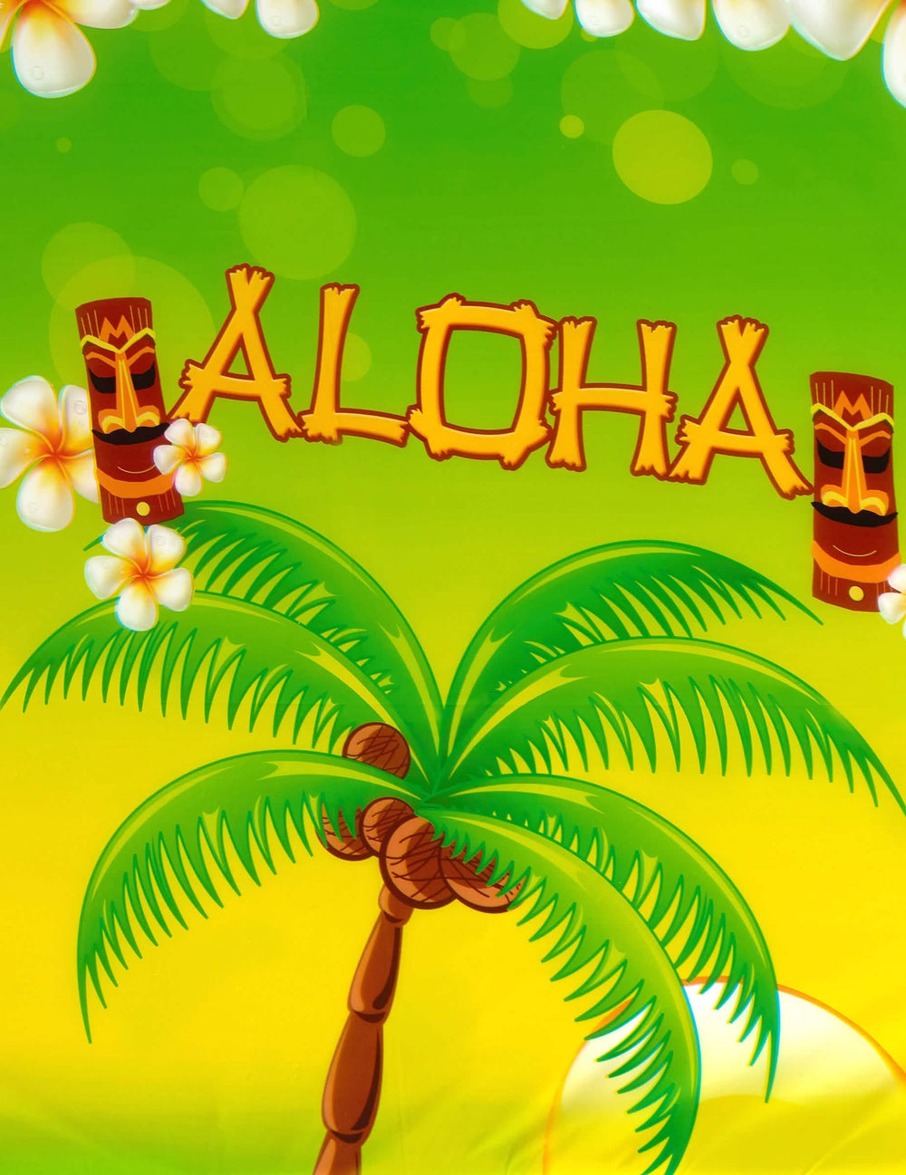 Detail na potisk tiki a palmy na plastovém ubrusu Aloha