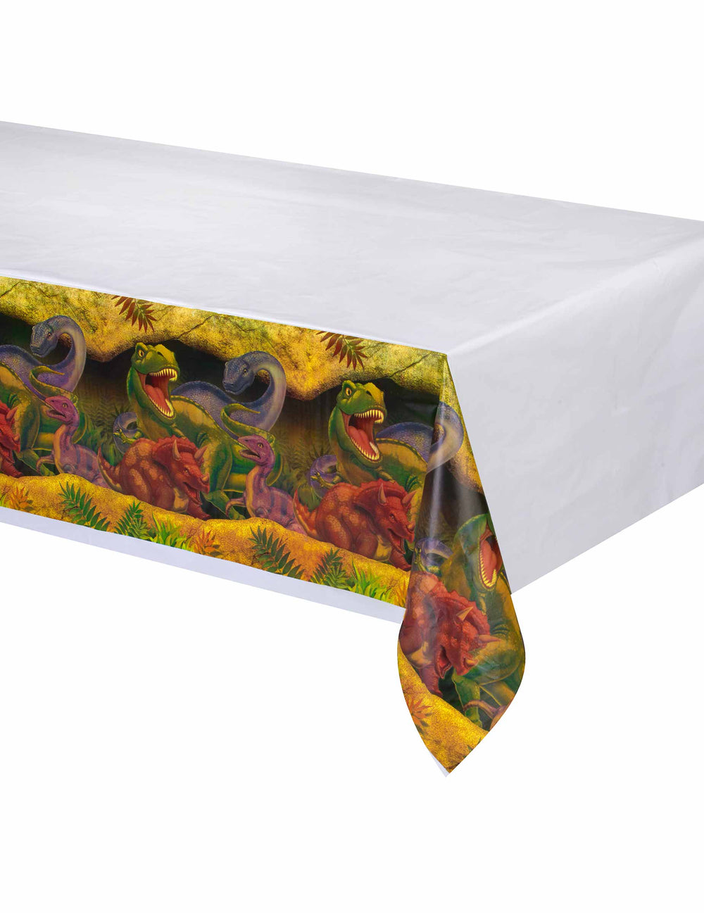Nappe en plastique Anniversaire Dinosaures pour enfant blanche à bordure illustrée colorée