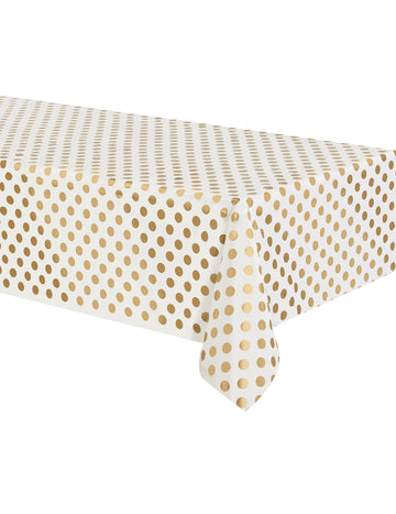Bílý plastový ubrus se zlatými puntíky 137 x 274 cm na oslavu a narozeniny