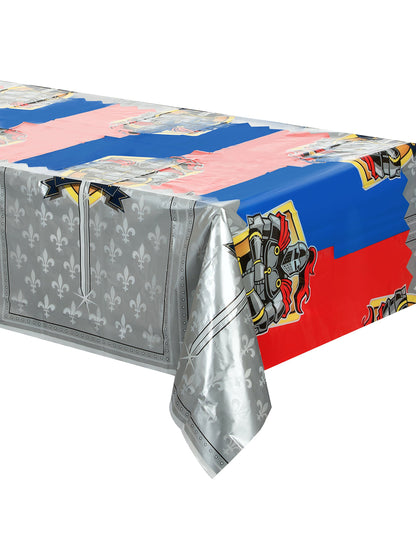 Nappe en plastique Chevaliers pour enfant argentée bleue et rouge à motifs médiévaux