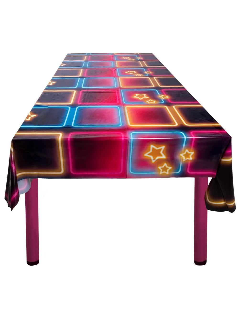 Plastový ubrus disco Fever na párty s motivy čtvercových neonů a vícebarevných hvězd