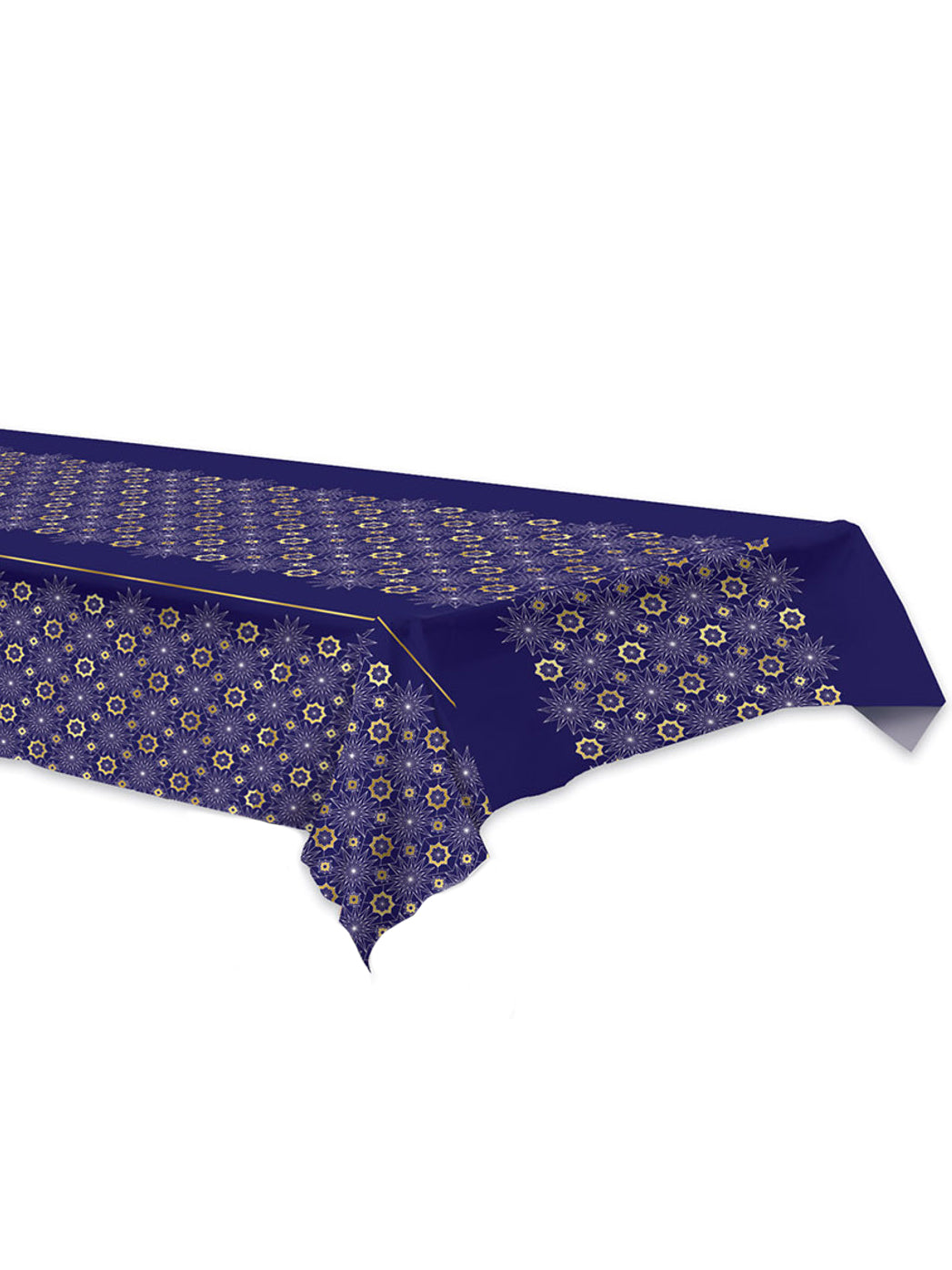 Modrý plastový ubrus eid mubarak 137 x 274 cm zlaté rozety