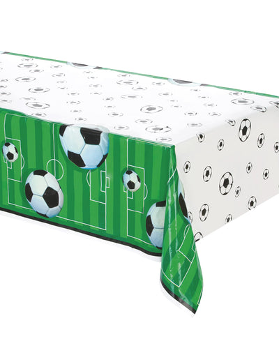 Nappe en plastique foot pour anniversaire verte et blanche avec motifs ballons