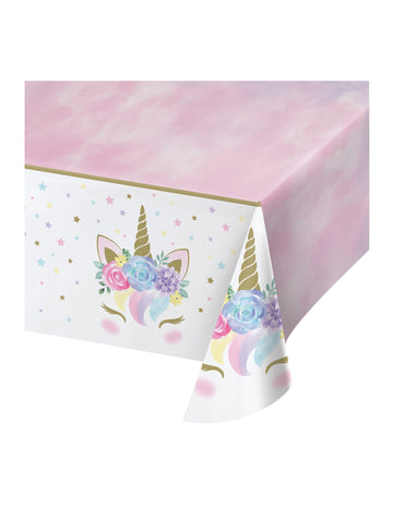 Nappe en plastique licorne féerique rose et blanche avec motifs fleurs et étoiles